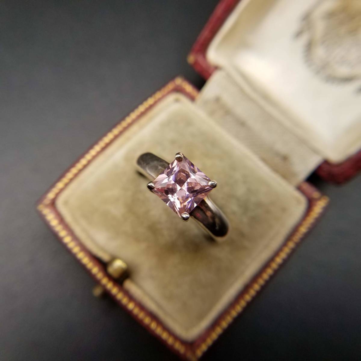 クッションカット ピンクラインストーン ソリテール 925 シルバ ヴィンテージ リング 指輪 銀 アールデコ カクテルリング A893拍卖