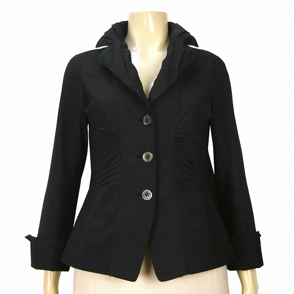 H 美品★HIROKO KOSHINO ヒロココシノ★黒*上品シワ加工&ストライプ柄*美形タック*綺麗シェルロゴボタン*高級ジャケット*38(M*9号相当)拍卖