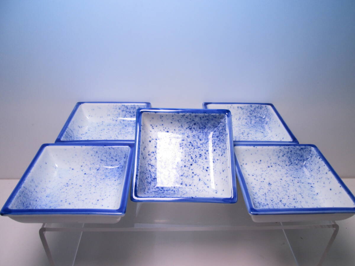 ☆お料理屋さんの器 京焼 喜泉作 ブルー 吹墨 四方向付 五客 小鉢/小皿/懐石/割烹料理拍卖