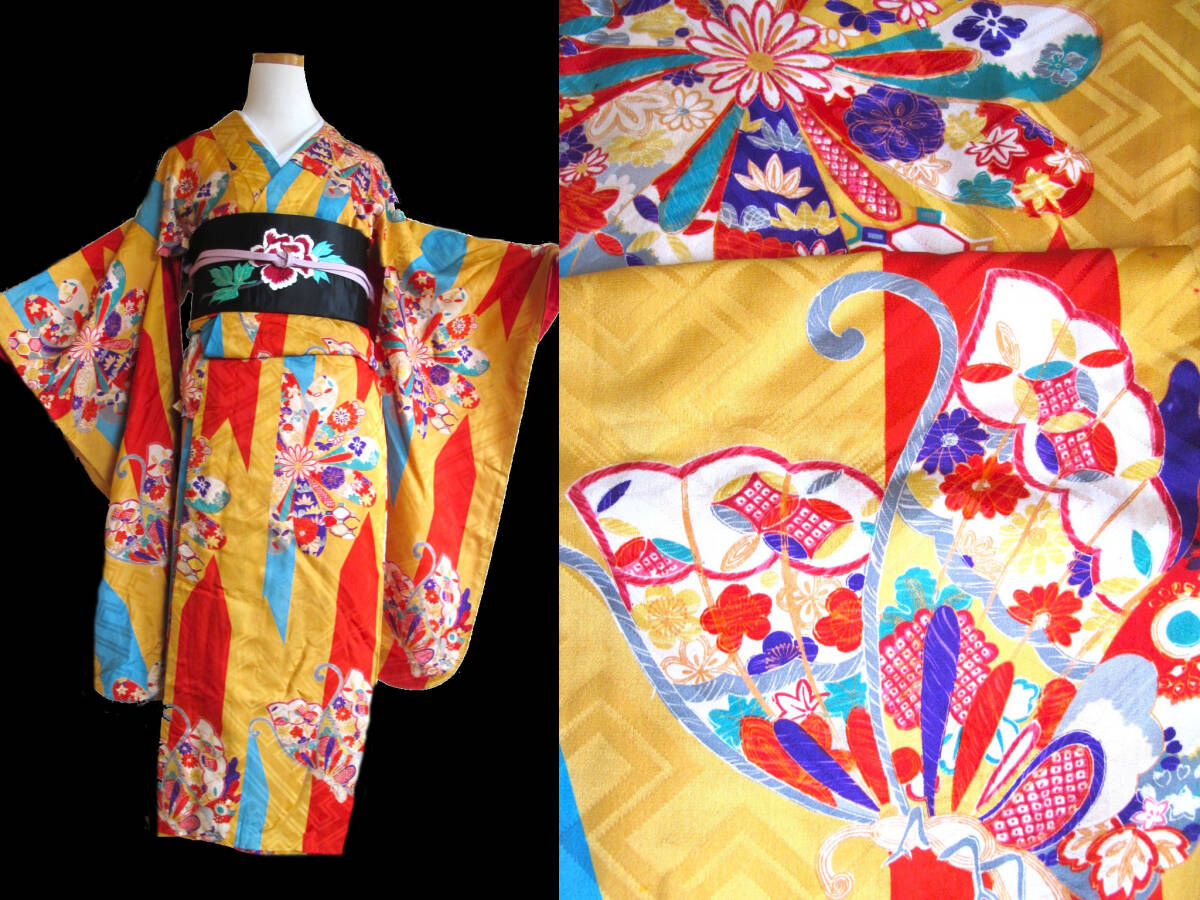 カラフル矢羽根に揚羽蝶 菊花 アンティーク紋綸子着物拍卖