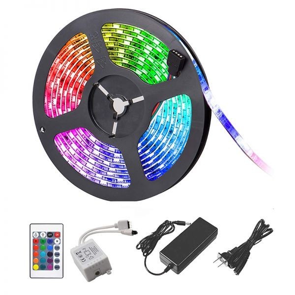 LEDテープライト RGB リモコン AC電源付 12V 5M 5050SMD 白ベース 300連 防水 切断可 両面テープ付 正面発光 イルミネーション DD09ACset拍卖