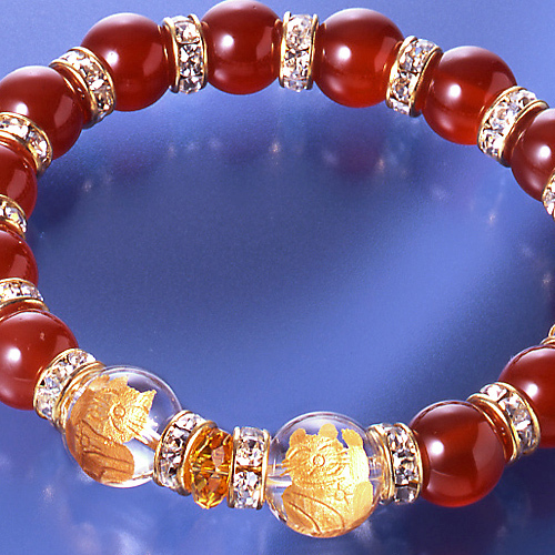 左右招き猫 赤めのうブレスレット 招き猫キーホルダー付き拍卖