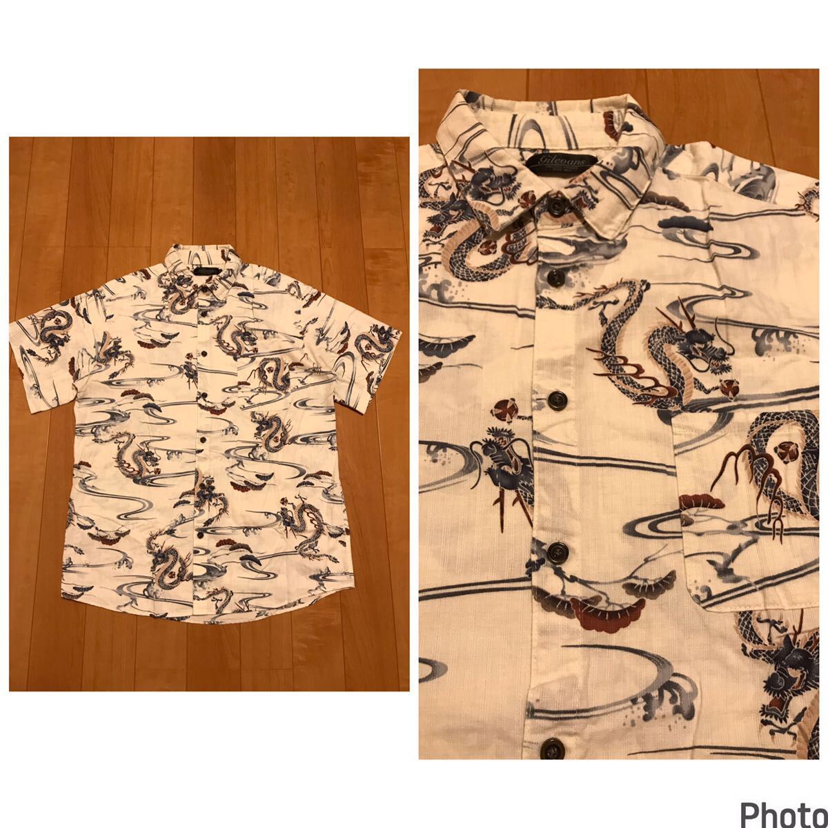 良品☆GILEVANS/和柄 サイズ3L アロハ風.半袖シャツ 龍&松 古風な染めプリント/スカジャン調 ストライプ織り柄入生地 JP oriental ALOHA拍卖