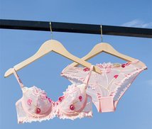 PYD1930★ブラショーツセット 総レース エロい透け 華やか刺繍花セクシー 魅せる谷間 薄手 柄 涼しい感 レディース ブルー 80C拍卖