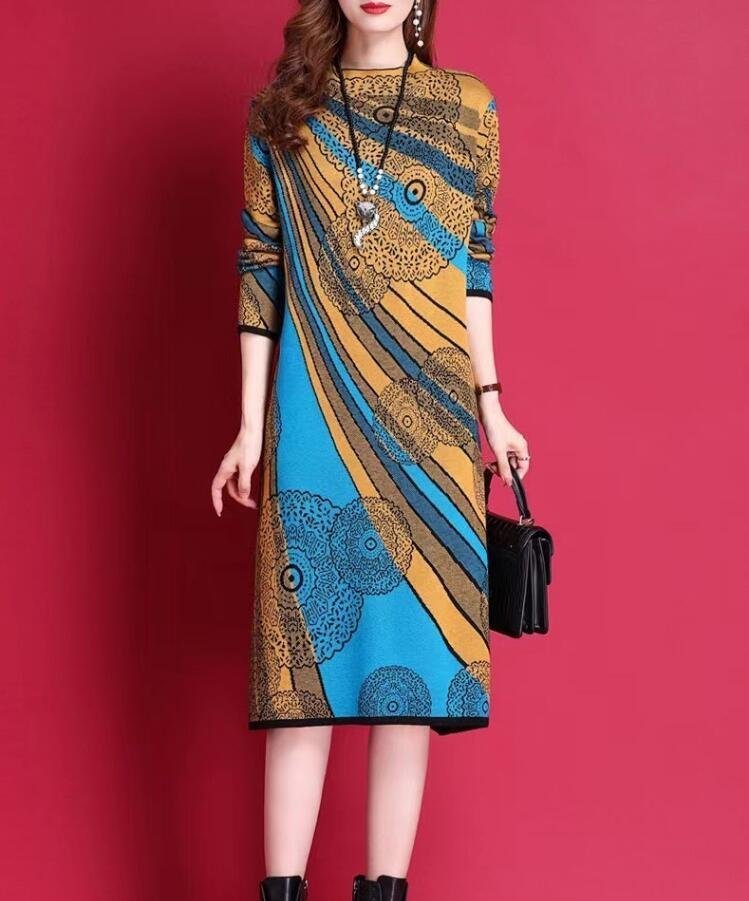 PYD2374★M-XLサイズ♪秋冬 上質 着やせ 長袖 ひざ丈ワVネック プリント柄 ニットワンピンピース フォーマルカシミヤウール混暖かいース拍卖