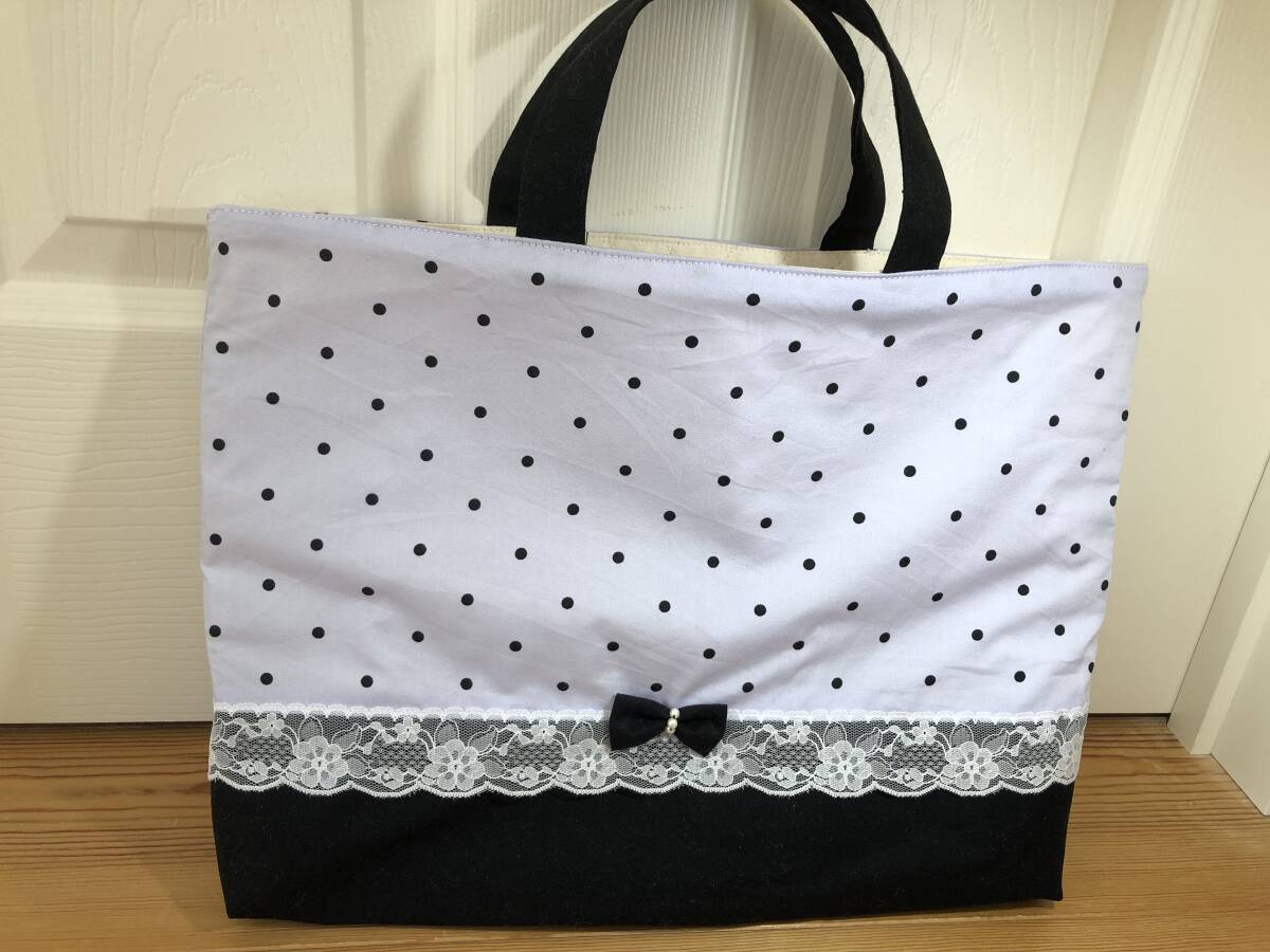 ドット柄 リボン付(ビーズ付) パープル① レッスンバック 入園入学 ハンドメイド拍卖