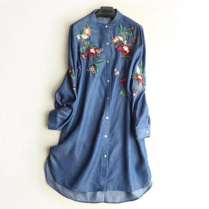 チュニック カーディガン ワインピース 刺繍 デニム 長袖 薄手 2WAY ダークブルー AA213拍卖