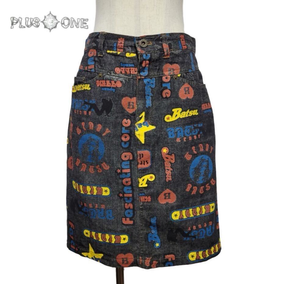 【BA-TSU】ラメ入り総柄 デニムスカート 黒 M/バツ/y2k拍卖