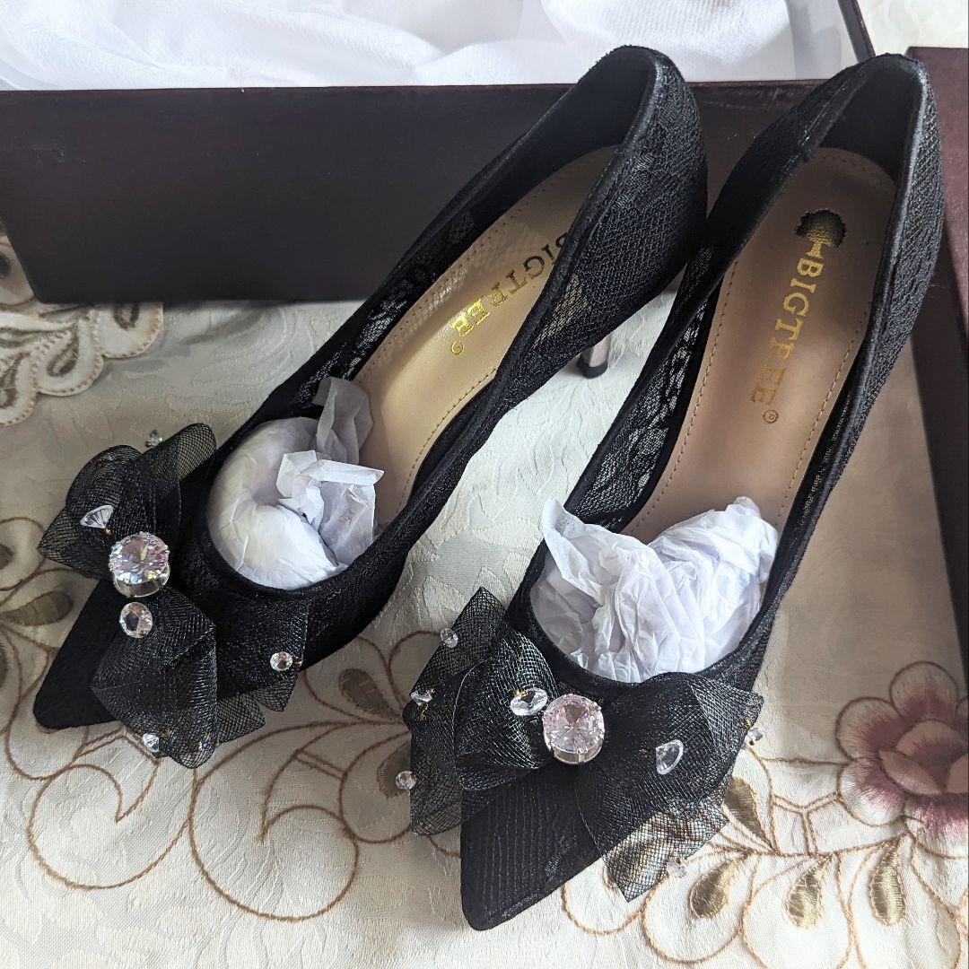 パンプス 黒 24cm 新品 即納 38 レース リボン ビジュー 透け編み ピンヒール 119986 とんがりトゥ ポインテッドトゥ拍卖