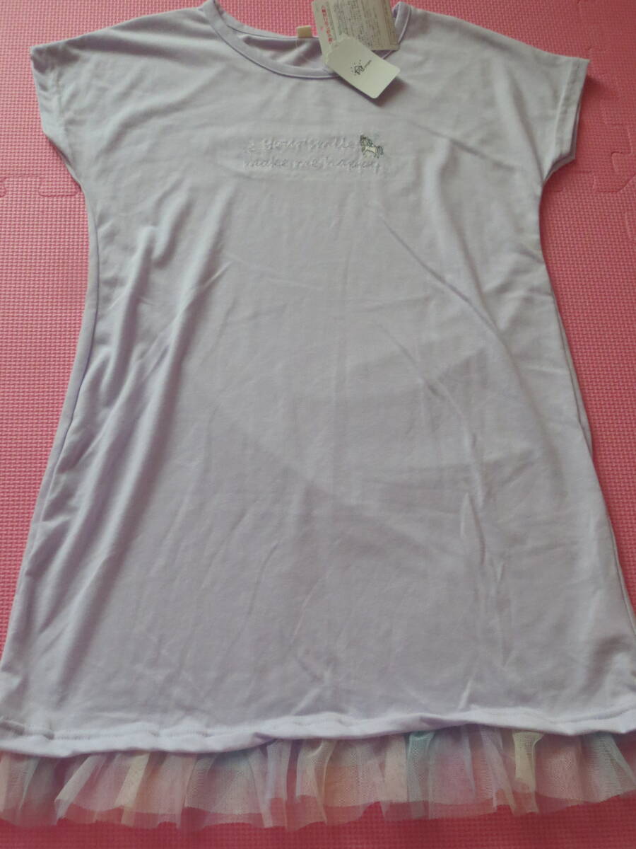 新品 130 レインボーチュール 半袖ワンピース 紫 ユニコーン刺繍 裾フリル フレンチスリーブ 子供 小学生 女の子 夏物 双子 姉妹 送料無料拍卖