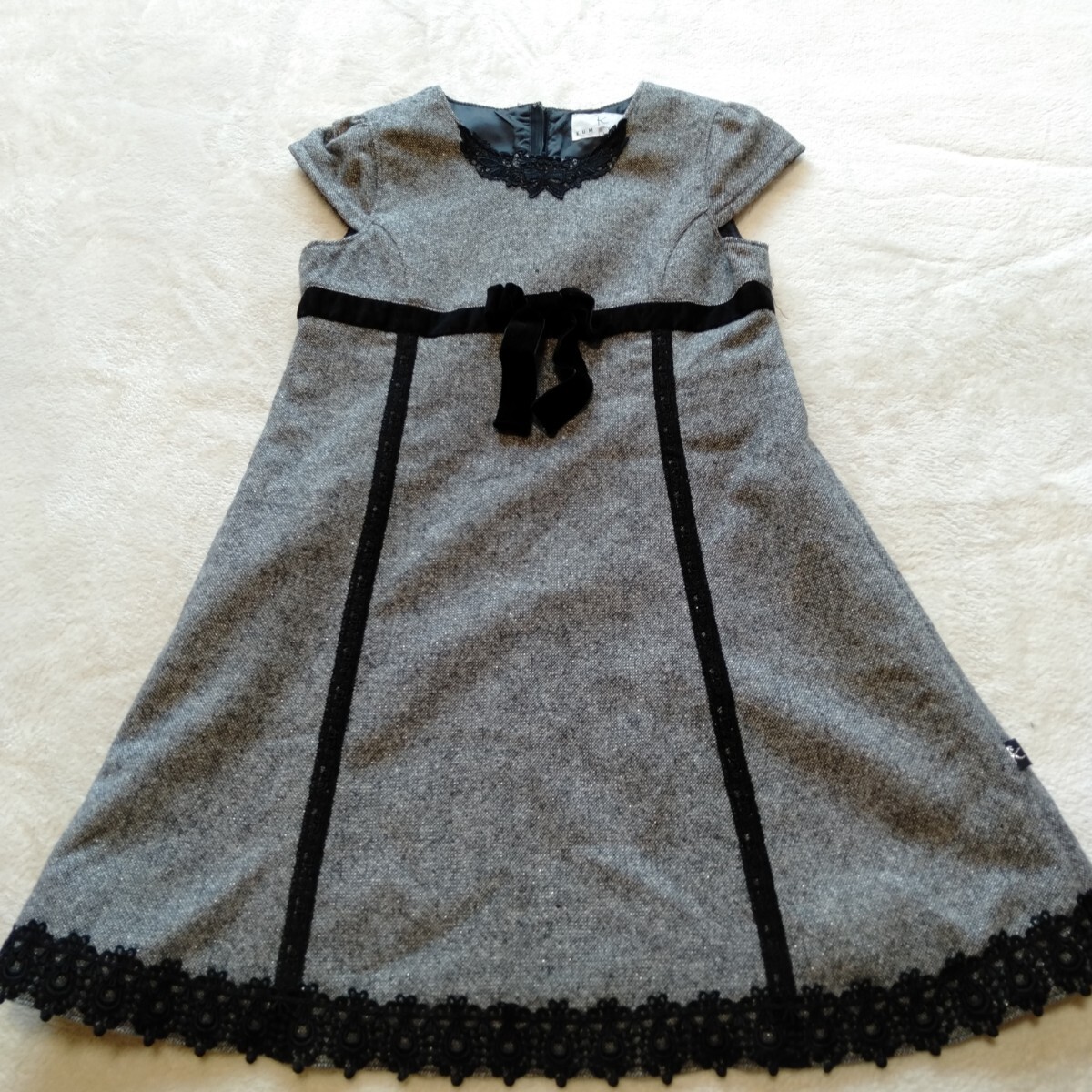 む228 組曲KIDS サイズLL ワンピース 毛混 グレー ツィード レース KUMIKYOKU 洋服拍卖