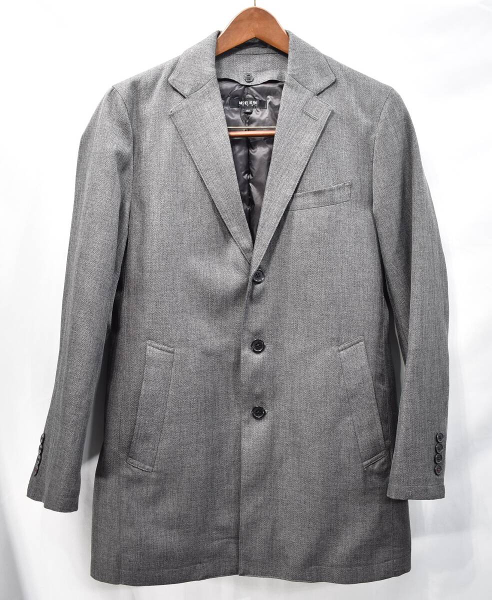 【MICHEL KLEIN】定価5万ヘリンボーン柄ポリ3Bチェスターコート44緑灰インナーダウンミッシェルクラン拍卖