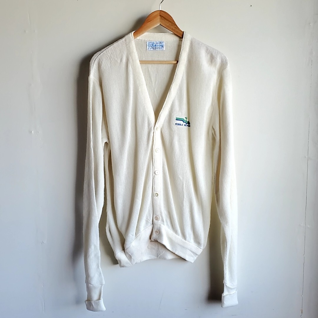 E17◆90s USA製 Pickering カーディガン sizeM 白 ホワイト ニット 長袖 古着 中古 USED アメリカ古着 PEBBLE BEACH拍卖