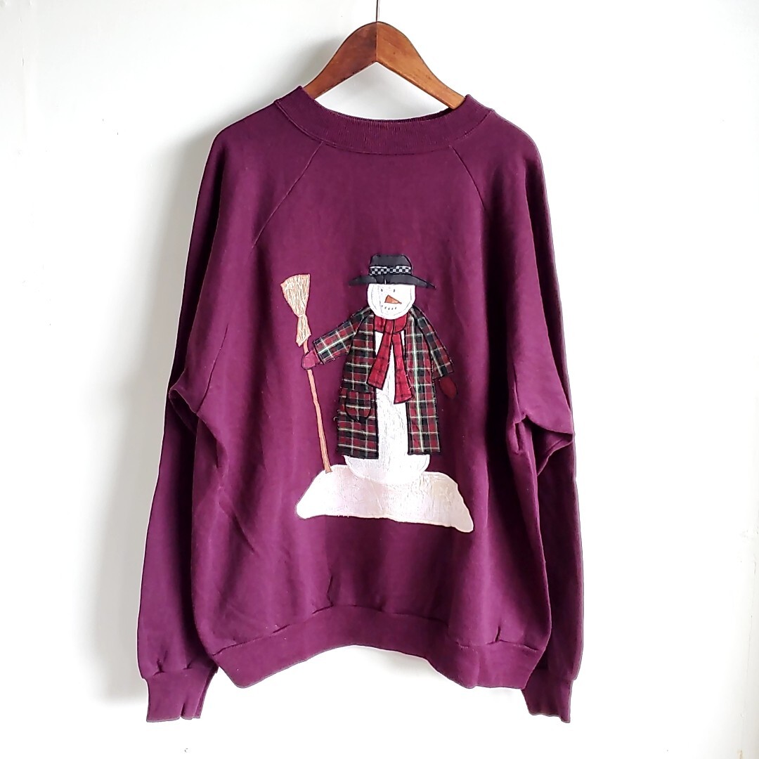 D5◆90s Hanes ACTIVEWEAR 長袖 スウェット sizeXL えんじ ワインレッド 雪だるま ラグラン袖 トレーナー 中古 USED 古着拍卖