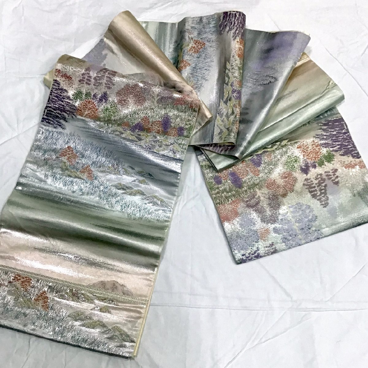 正絹・袋帯・銀地・山水・No.200701-0501・梱包サイズ60拍卖