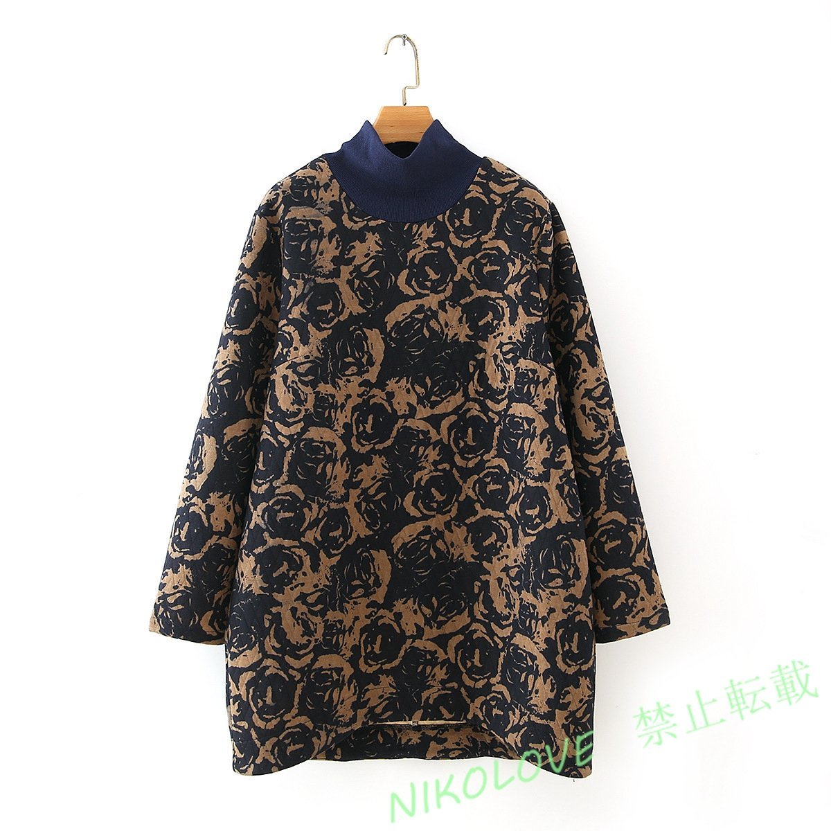 新品 チュニック ハーフネック 裏起毛 温かい 表地麻 ネイビー 薔薇柄 レディース ゆったり ワンピースAA525拍卖