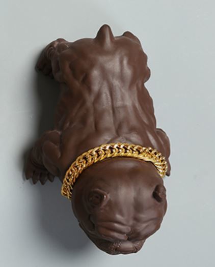 LDL429# 置物 茶寵 茶玩 中国茶道具 ブルドッグ コワモテ 金のチェーン首輪付き (ダークブラウン)拍卖