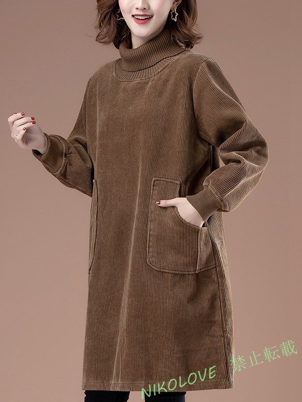 新品 ワンピース チュニック 裏起毛 大人可愛 畝生地 綿 ゆったり 暖かい カーキ色 高質 ハイネックAA246拍卖