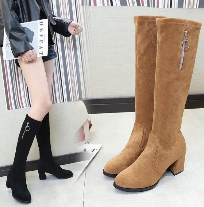 春ニーハイブーツ レディース ロング丈ブーツ ジョッキーブーツ ハイヒール 美脚 秋冬 ブラック HE618拍卖