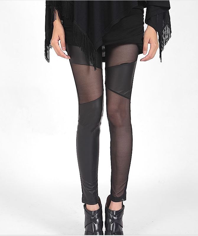 美脚 シースルー切替 フェイクレザー レギンス 伸縮ストレッチ素材DJ967拍卖