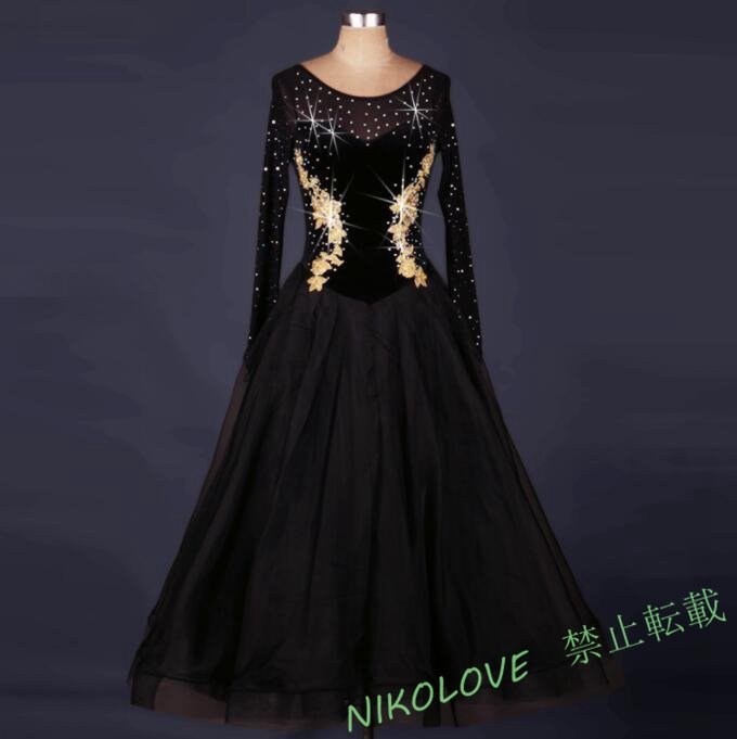 新品 レディース社交ダンス衣装 競技ダンスロングワンピース 黒色 サイズS M L XL XXL AA862拍卖