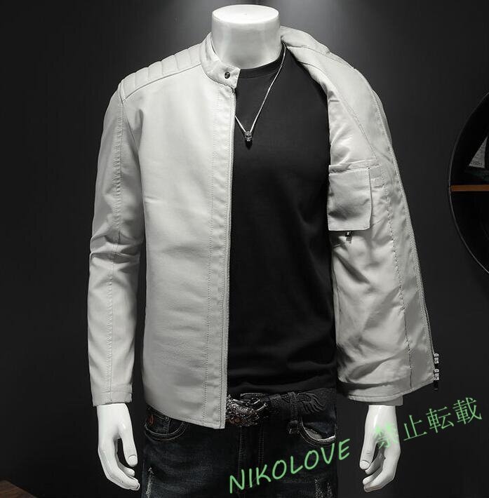 ライダースジャケット バイクジャケット レザージャケット メンズ 革ジャン 立ち襟 ブルゾン アウター カジュアル 白色 M~5XL AB069拍卖