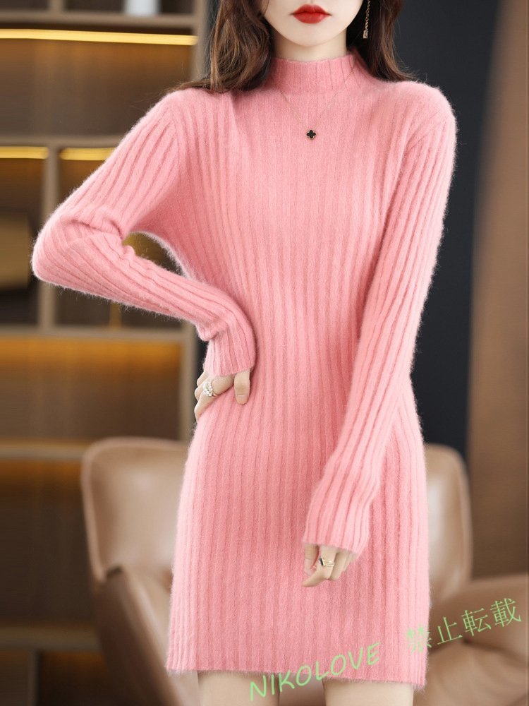 新品 タイトワンピース 秋冬 ニットワンピース 膝丈 長袖 気質良い オシャレ きれいめ 柔らかい 着痩せ ニットワンピース ピンクAA217拍卖