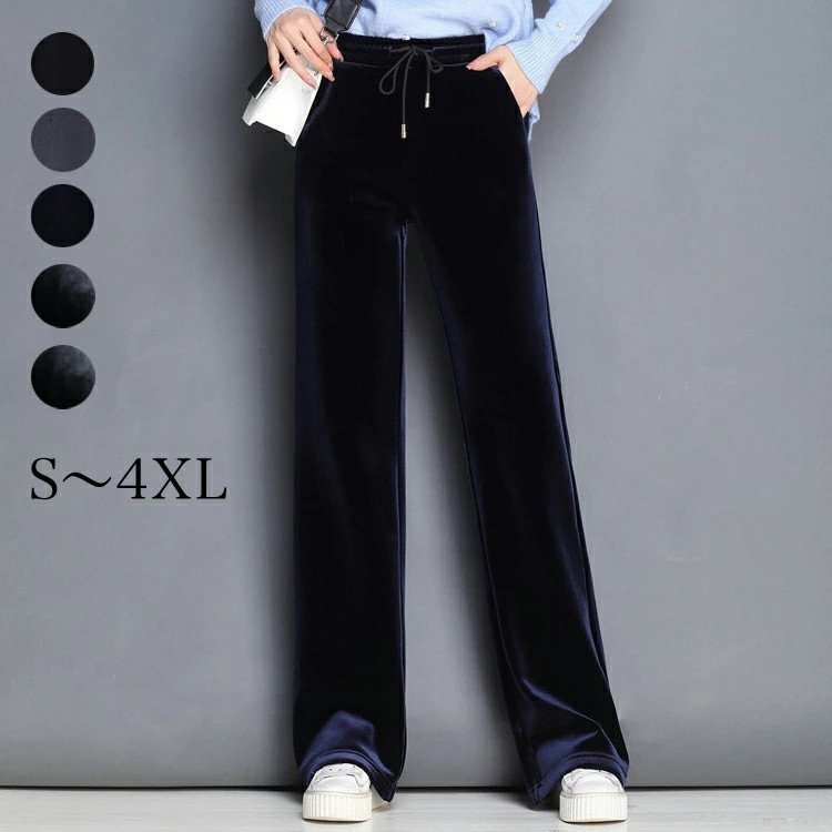 ワイドパンツ レディース ストレート ベルベット パンツ ロングパンツ ウエストゴム ハイウエスト ベロア イージーパンツ ルームgyma1809拍卖