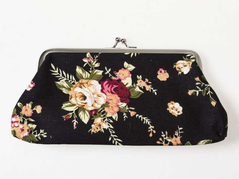 LDL1067# バラ柄 レディース 女性用 がま口 財布 小銭入れ ミニポーチ/ブラック AZA-36306拍卖
