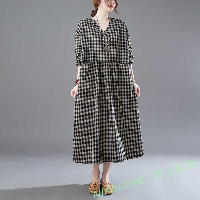 大きいサイズ 春新品カジュアルVネック 小チェック柄綿麻20304050代ゆったり体型カバー大きいサイズ 長袖 ロングワンピース AA373拍卖