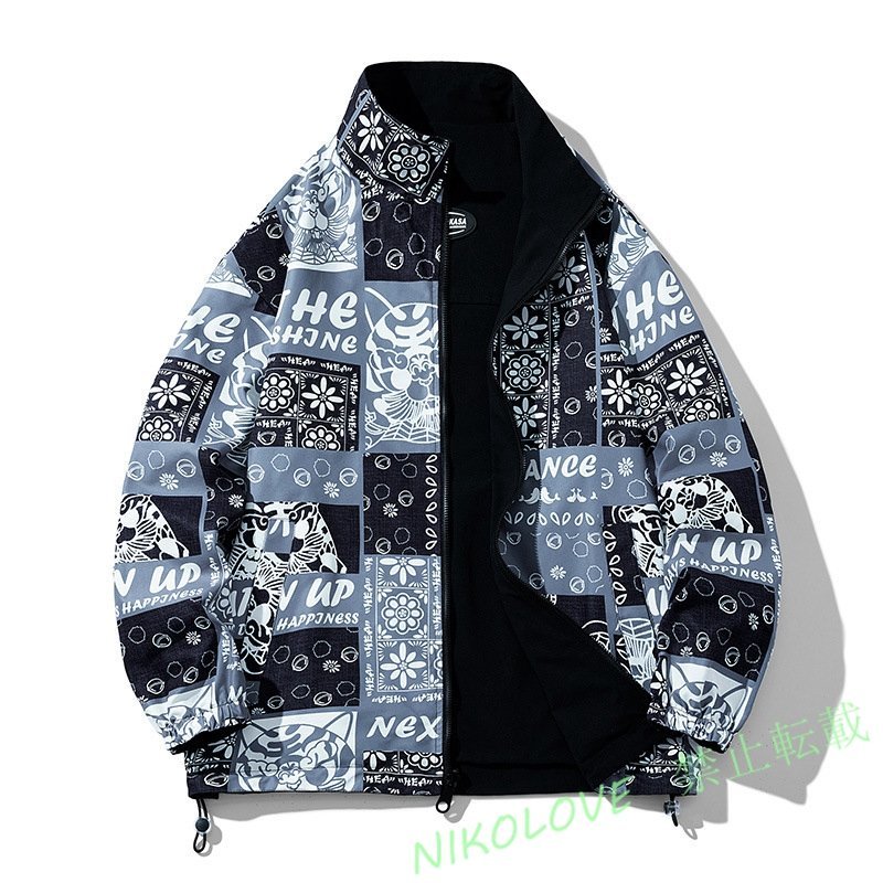 新品 お色選択可 メンズ ブルゾン 両面着 総柄 プリント ジャケット 紳士 アウター 作業服 カジュアル ブルー×黒 LサイズAA510拍卖