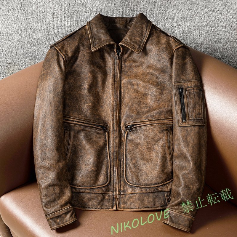 新品 レザージャケット メンズ ハレージャケット バイクジャケット 秋冬 ユーズド加工 ライダース 高級牛革 本革革ジャン S~5XL AA683拍卖