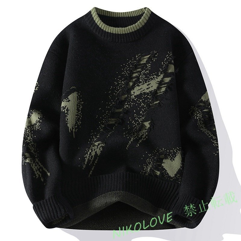 新品 メンズ カシミヤウール混 ラウンドネック フリンジ 高級感 トップス プルオーバー ニットセーター 秋冬 ゆったり/ブラックAA854拍卖