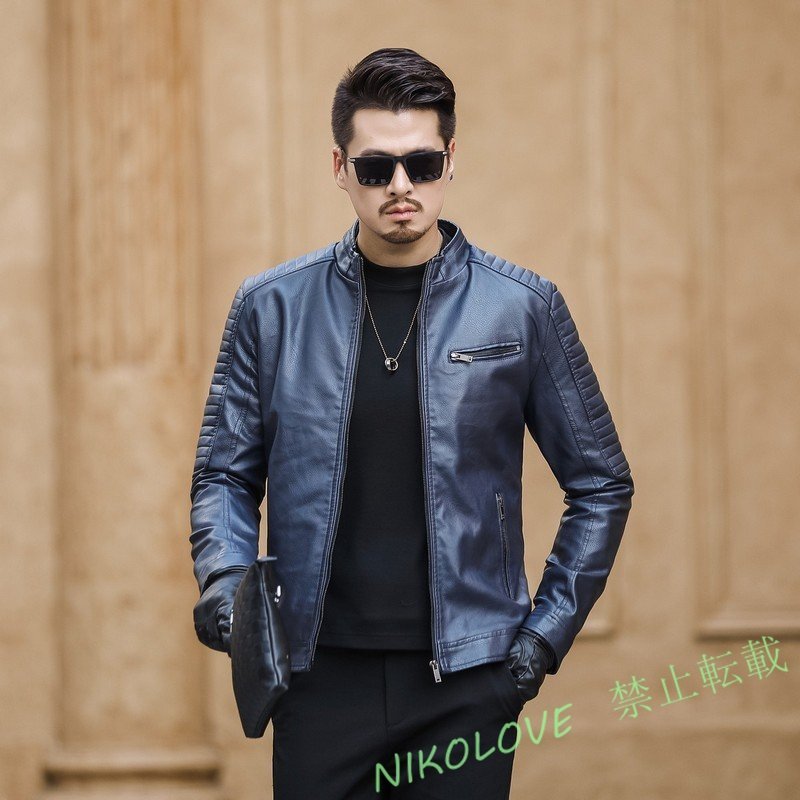 新品 ライダースジャケット バイクジャケット レザージャケット メンズ 革ジャン 立ち襟 ブルゾン アウター カジュアル 3色 黒色AA860拍卖