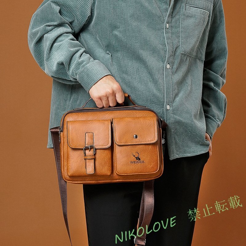 ショルダーバッグ メンズ 大容量 斜めがけ メッセンジャーバッグ レザー 収納 手提げ式バッグ 多機能 通勤 出張 就職活動 カーキ AB040拍卖