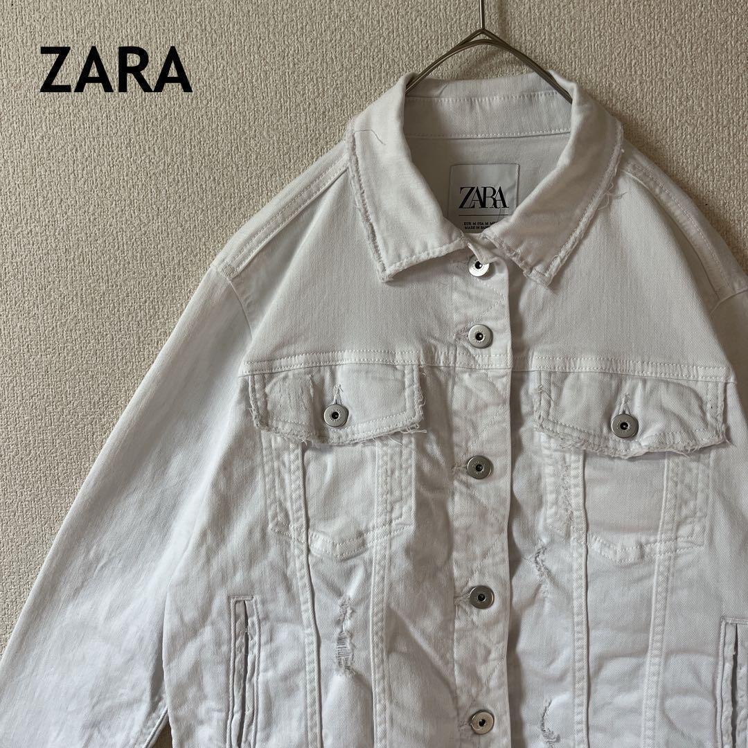 Q2 ZARA ホワイトデニムジャケット ダメージ加工 アウター Mレディース拍卖