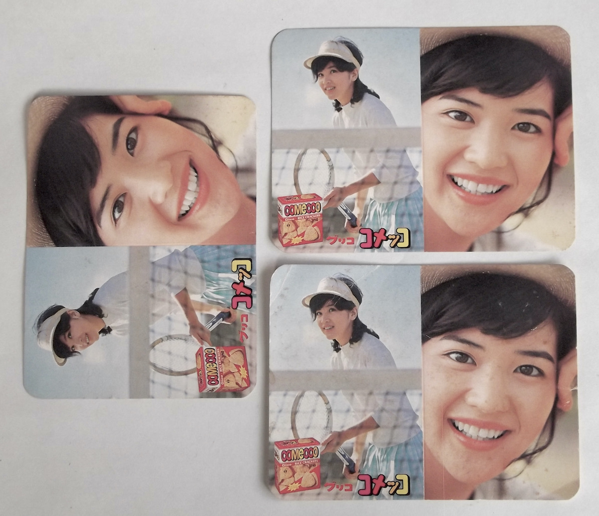 昭和 レトロ グリコ コメッコ 桜田淳子 カード 3枚 ※ヤケ傷み強 70s 広告 ノベルティ おまけ CM お菓子 テニスウェア アイドル ブロマイド拍卖