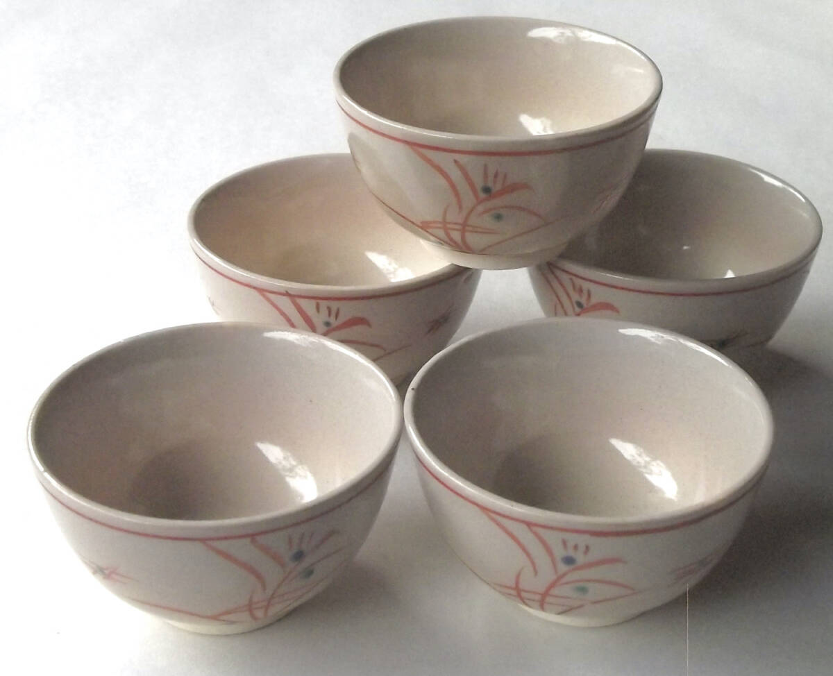 小ぶり 湯呑み 5客 煎茶器 赤絵 手彩 草文 植物文 裏印「龍」京焼? 作家物 茶道具 和食器 中国茶拍卖