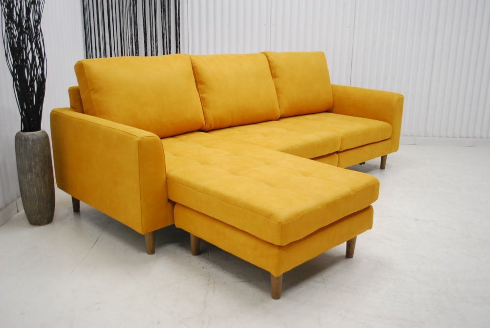 大特価 アウトレット 展示品 現品限り 送料無料 空間をお洒落に彩るイエロー 黄色 カウチソファー 左右対応 置き方自由自在拍卖