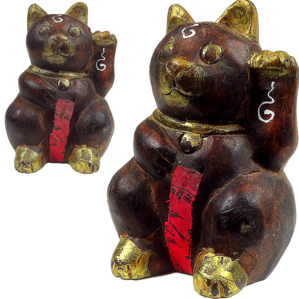 【SAKURAYA】時代ある珍しい作品【彩色木彫 古い招き猫】東南アジア 呪物 置物 人形 縁起物 唐物 骨董品 古美術品 希少 高さ15.5cm拍卖