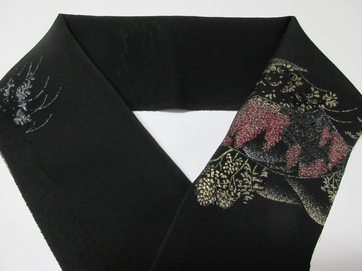 ◇ 正絹 壽光織 縫取り 半衿用 柄のハギレ 細工つるし飾り 黒地 №33 17960拍卖