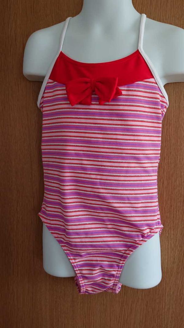 ☆お子さまサイズ☆ピンク×赤×紫×銀☆ボーダー柄のワンピース水着☆140☆株式会社ヤマトヤ☆拍卖