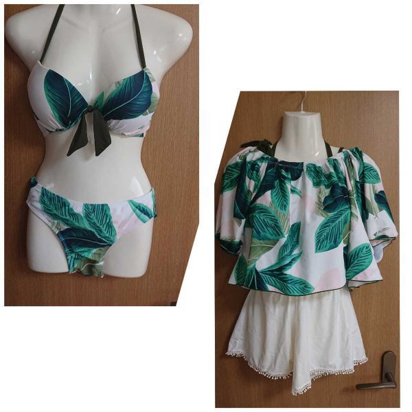 ☆緑×白☆リ―フ柄のビキニ4点セット☆チュニック&ショ―トパンツ付き☆L☆ワイヤー入り☆拍卖