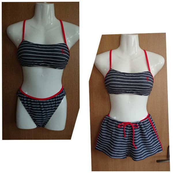 ☆デニム風×ボーダー柄のビキニ3点セット☆11L☆ショートパンツ付き☆日本製☆(株)アクトスリー☆拍卖