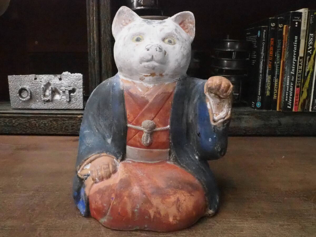 【明治期陶製招き猫】胡粉無垢竹七福神アンティーク陶製縁起物インテリア福助人形古道具置物インダストリアル骨董貯金箱レジスター玄関拍卖