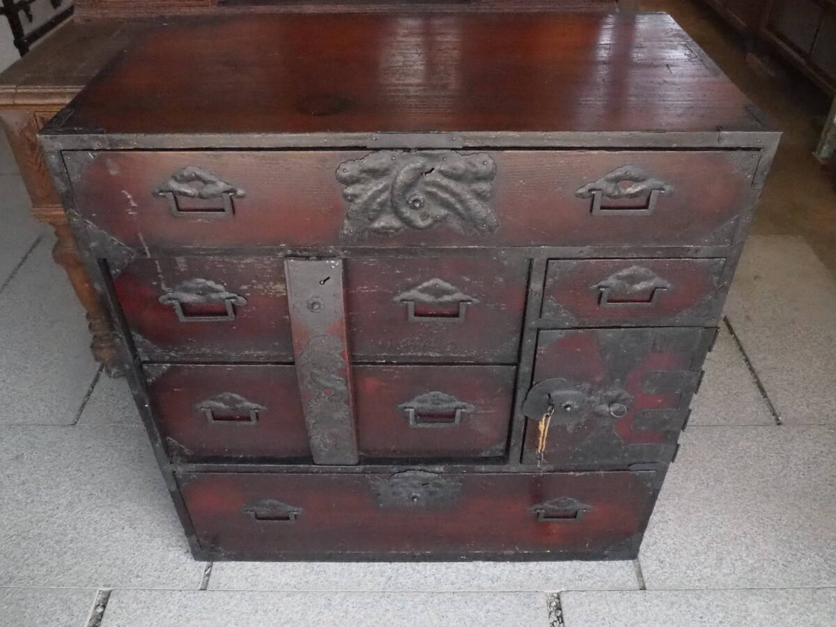 【明治期閂付き仙台衣装箪笥】鍵2個古民具掛硯階段船金庫銭函錠前収納ケース棚家具金具古道具アンティークインテリアインダストリアル骨董拍卖
