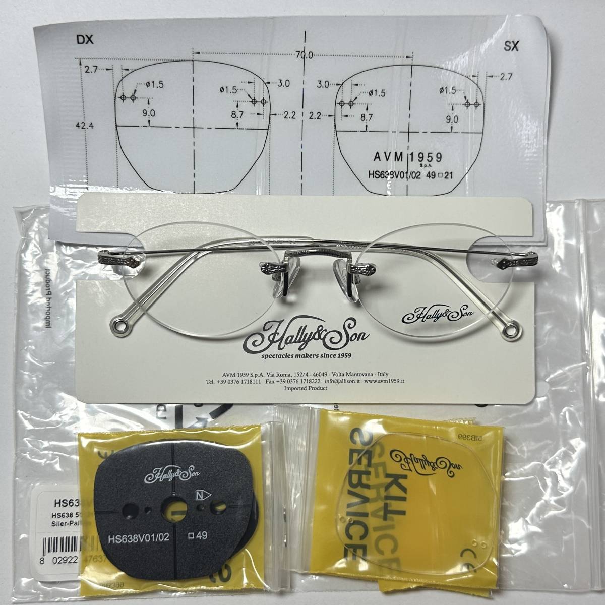 未使用・新品】イタリア社 彫り付き シルバー ツーポイント メガネ 縁なし オーバル / 純正ケース他付属付拍卖