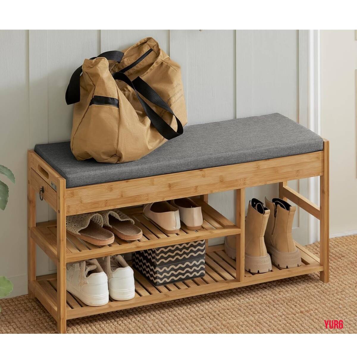 大容量 玄関収納スツール ベンチ 引き出し 耐荷重量約90kg インテリア クッション 快適 リビング サブベンチ 耐久性 竹材製 便利グッズ拍卖