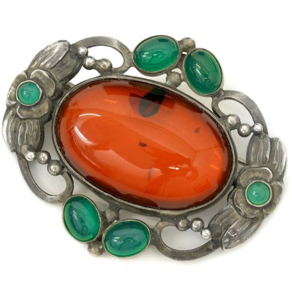 GEORGJENSEN ジョージジェンセン 925 アンバー グリーンアゲイト ピンブローチ 78 21.7g ヴィンテージ シルバー Silver こはく 琥珀4022645拍卖