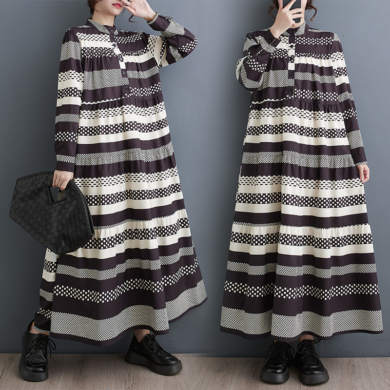 「同梱1万円送料無料」 春新作*レディース*カジュアル*ゆったり大きいサイズ*配色*プリント柄*ロング丈ワンピース*拍卖